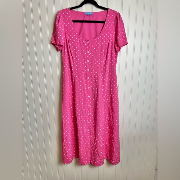 Draper James Pink Polka Dot Button Front Midi Dress Short Sleeve O16 - Picture 5 of 6